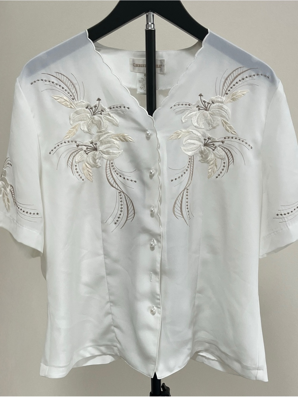 Christie & Jill Cream Floral Embroidered Pearl Button Collared Blouse 8P Petite